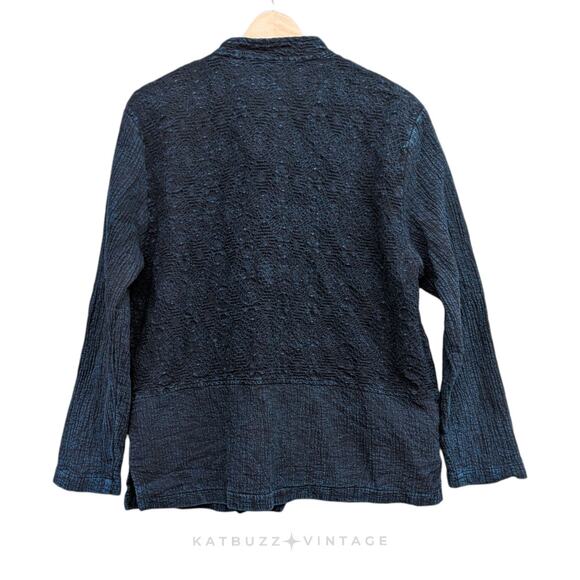 Vintage Lagenlook Topper Jacket M Blue Artsy Textured Mandarin Wooden Toggle - Picture 2 of 11